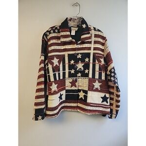 Unique Vtg Coldwater Creek Women's Tapestry Jacket‎ M USA Patriotic Flag Stars